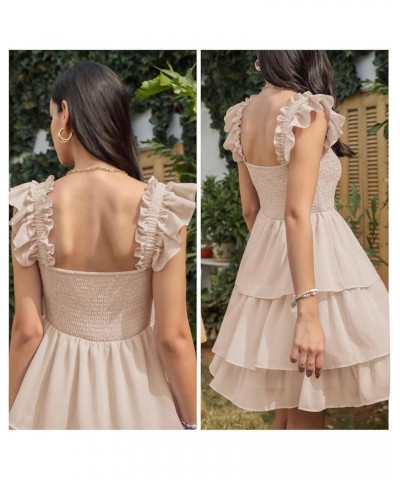 Womens Square Neck Sleeveless Ruffle Dress High Waist Backless Tiered Smocked Strappy Casual Short Mini Dresses Apricot $19.7...