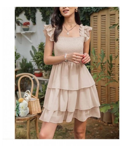 Womens Square Neck Sleeveless Ruffle Dress High Waist Backless Tiered Smocked Strappy Casual Short Mini Dresses Apricot $19.7...