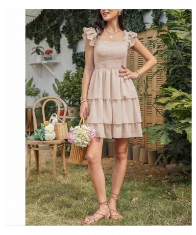 Womens Square Neck Sleeveless Ruffle Dress High Waist Backless Tiered Smocked Strappy Casual Short Mini Dresses Apricot $19.7...