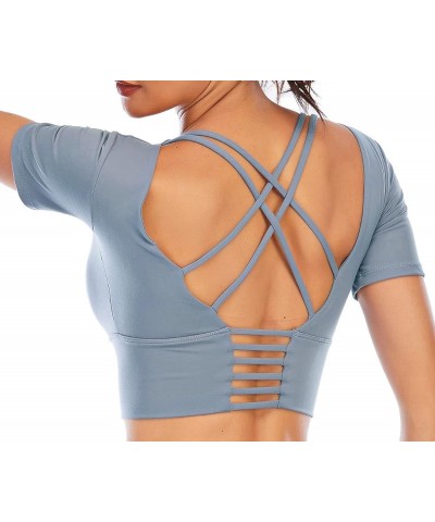 Women Long Sleeve Workout Tops Backless Yoga Gym Shirts Athletic Crop Top with Removable Padding & Thumb Hole Short Sleeves-g...