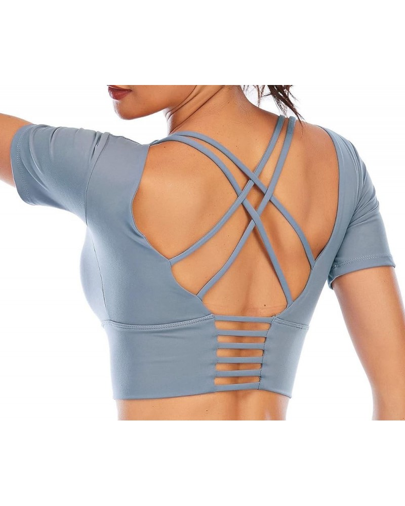 Women Long Sleeve Workout Tops Backless Yoga Gym Shirts Athletic Crop Top with Removable Padding & Thumb Hole Short Sleeves-g...