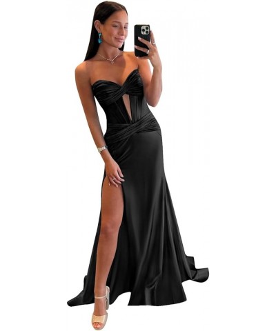 Women's Corset Mermaid Prom Dresses Long Ball Gown Pleated Satin Formal Party Gown with Slit Black $38.99 Dresses