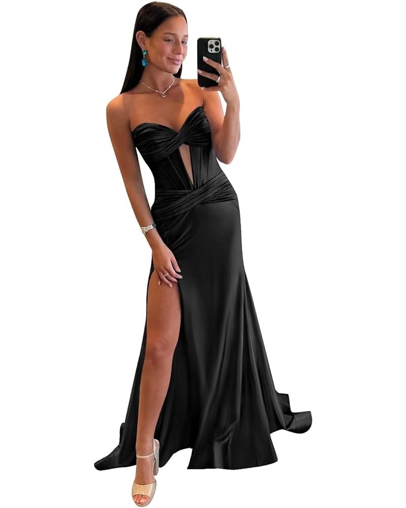 Women's Corset Mermaid Prom Dresses Long Ball Gown Pleated Satin Formal Party Gown with Slit Black $38.99 Dresses