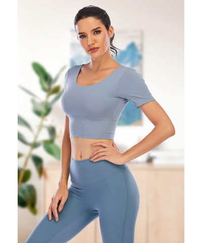 Women Long Sleeve Workout Tops Backless Yoga Gym Shirts Athletic Crop Top with Removable Padding & Thumb Hole Short Sleeves-g...