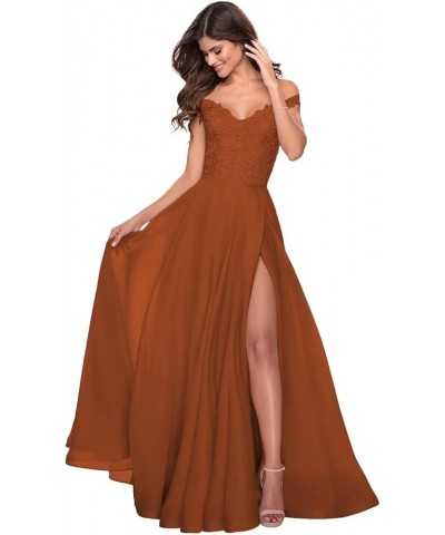 Lace Applique Bridesmaid Dresses Off Shoulder Chiffon Wedding Prom Evening Party Dress Long Formal Gown Slit Burnt Orange $46...