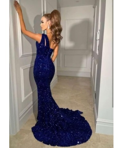 Sparkly Sequin Mermaid Prom Dresses Long with Slit One Shoulder Glitter Formal Evening Party Gowns for Women Navy Blue $31.20...