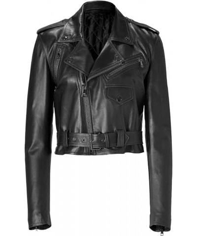 Women's Genuine Lambskin Real Leather Slim fit Biker Cropped Leather Jacket Black $73.44 Coats