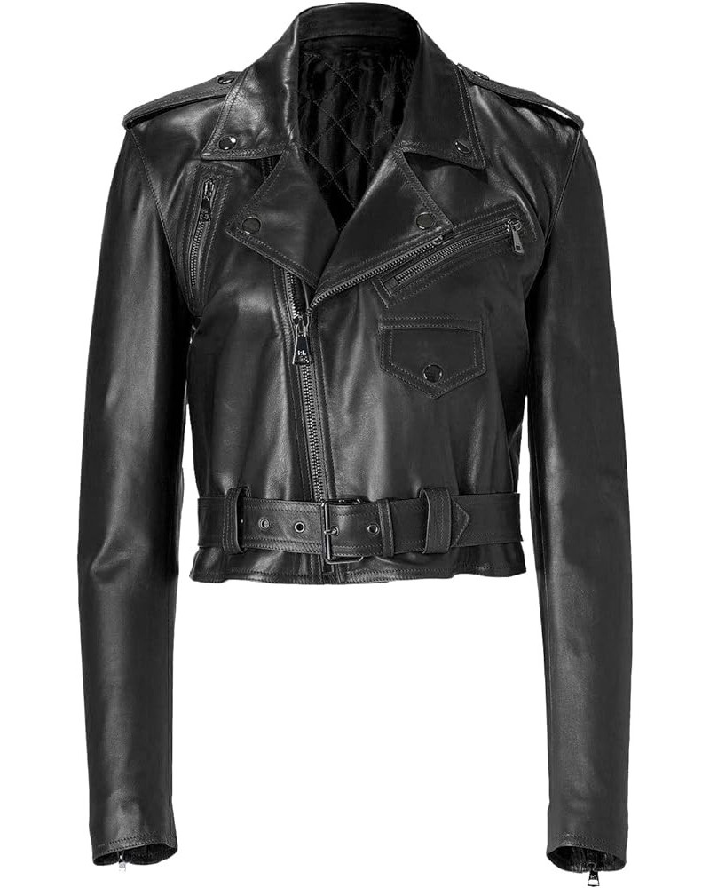 Women's Genuine Lambskin Real Leather Slim fit Biker Cropped Leather Jacket Black $73.44 Coats