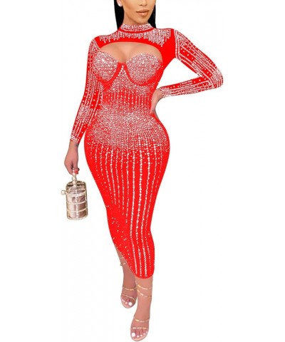 Women's Sexy Rhinestone Long Sleeve Night Club Dress Party Clubwear Evening Dress 5 Red $24.18 Dresses