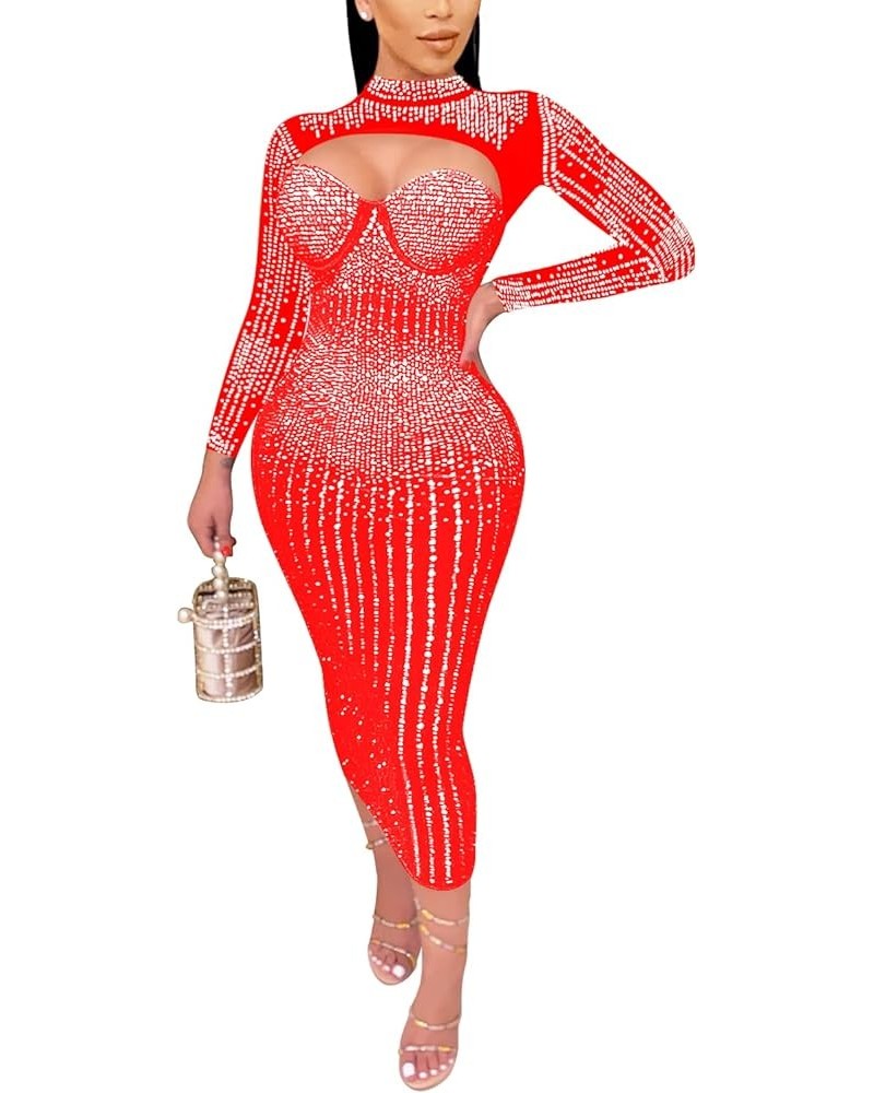 Women's Sexy Rhinestone Long Sleeve Night Club Dress Party Clubwear Evening Dress 5 Red $24.18 Dresses