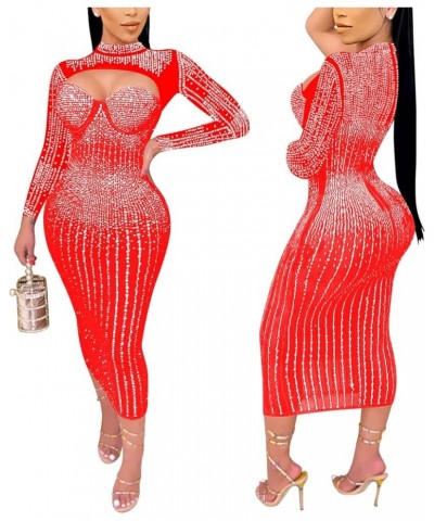 Women's Sexy Rhinestone Long Sleeve Night Club Dress Party Clubwear Evening Dress 5 Red $24.18 Dresses