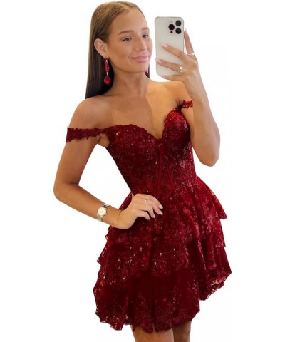 Teen's Tiered Lace Homecoming Dresses with Pockets Sparkly Sequin Corset Prom Party Gown for Juniors AG011 Burgundy $34.56 Dr...