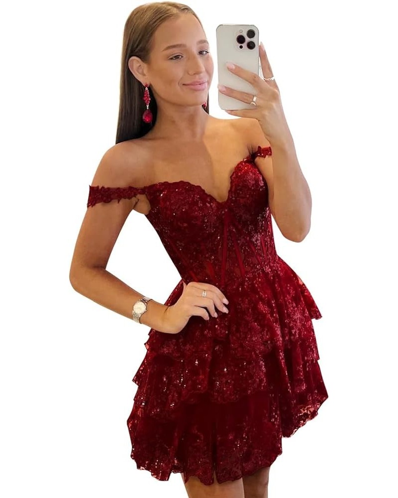 Teen's Tiered Lace Homecoming Dresses with Pockets Sparkly Sequin Corset Prom Party Gown for Juniors AG011 Burgundy $34.56 Dr...