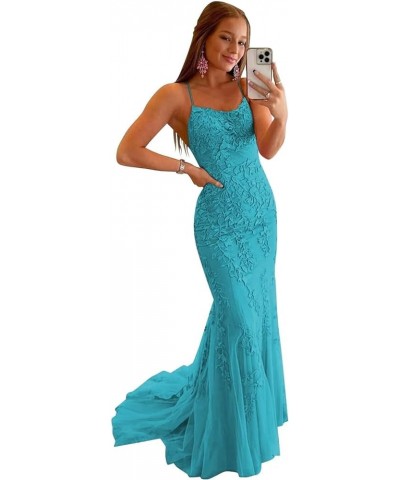 Mermaid Prom Dresses Long Lace Spaghetti Straps Backless Formal Evening Gowns with Train for Women Turquoise $39.95 Dresses