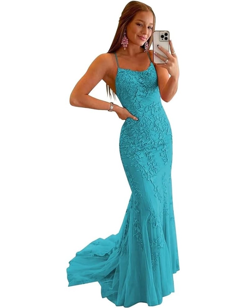 Mermaid Prom Dresses Long Lace Spaghetti Straps Backless Formal Evening Gowns with Train for Women Turquoise $39.95 Dresses