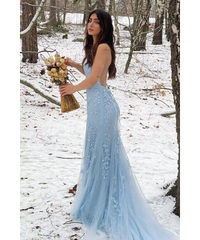 Mermaid Prom Dresses Long Lace Spaghetti Straps Backless Formal Evening Gowns with Train for Women Turquoise $39.95 Dresses