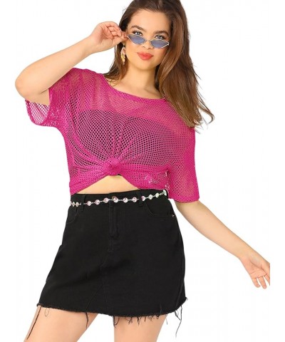 Women's Casual Plus Size Fishnet Sheer Mesh Short Sleeve Tee Shirt Hot Pink $12.71 T-Shirts