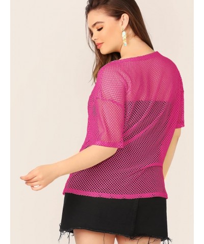 Women's Casual Plus Size Fishnet Sheer Mesh Short Sleeve Tee Shirt Hot Pink $12.71 T-Shirts