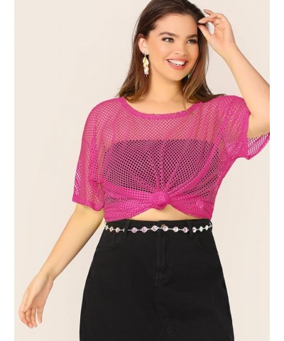 Women's Casual Plus Size Fishnet Sheer Mesh Short Sleeve Tee Shirt Hot Pink $12.71 T-Shirts