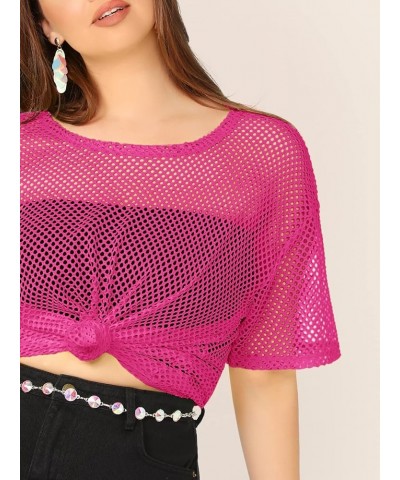 Women's Casual Plus Size Fishnet Sheer Mesh Short Sleeve Tee Shirt Hot Pink $12.71 T-Shirts