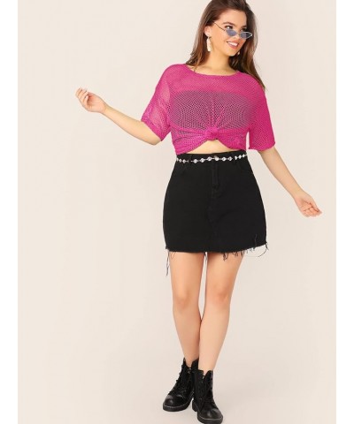 Women's Casual Plus Size Fishnet Sheer Mesh Short Sleeve Tee Shirt Hot Pink $12.71 T-Shirts