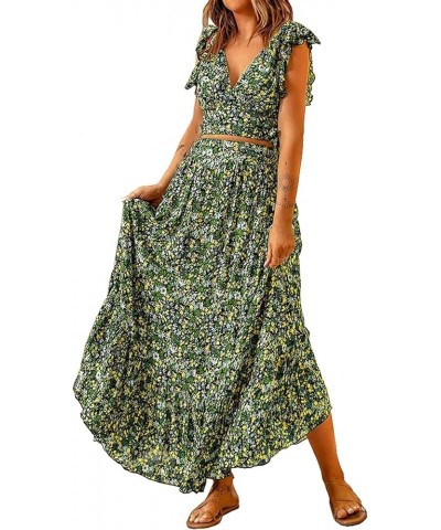 Women's Boho Skirt Deep V Neck Ruffle Cap Sleeve Tie Waist Wrap Chiffon Flowy Maxi Skirt Gown Plus Size Green $9.38 Skirts