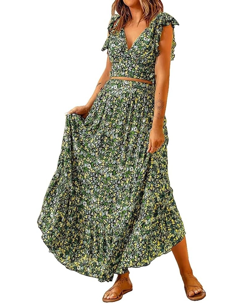 Women's Boho Skirt Deep V Neck Ruffle Cap Sleeve Tie Waist Wrap Chiffon Flowy Maxi Skirt Gown Plus Size Green $9.38 Skirts