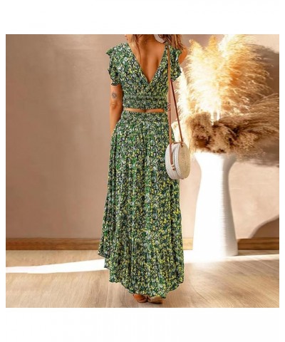 Women's Boho Skirt Deep V Neck Ruffle Cap Sleeve Tie Waist Wrap Chiffon Flowy Maxi Skirt Gown Plus Size Green $9.38 Skirts