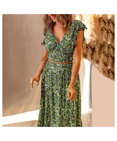 Women's Boho Skirt Deep V Neck Ruffle Cap Sleeve Tie Waist Wrap Chiffon Flowy Maxi Skirt Gown Plus Size Green $9.38 Skirts