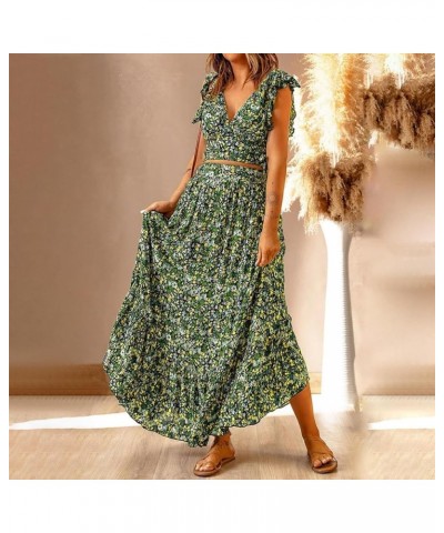 Women's Boho Skirt Deep V Neck Ruffle Cap Sleeve Tie Waist Wrap Chiffon Flowy Maxi Skirt Gown Plus Size Green $9.38 Skirts