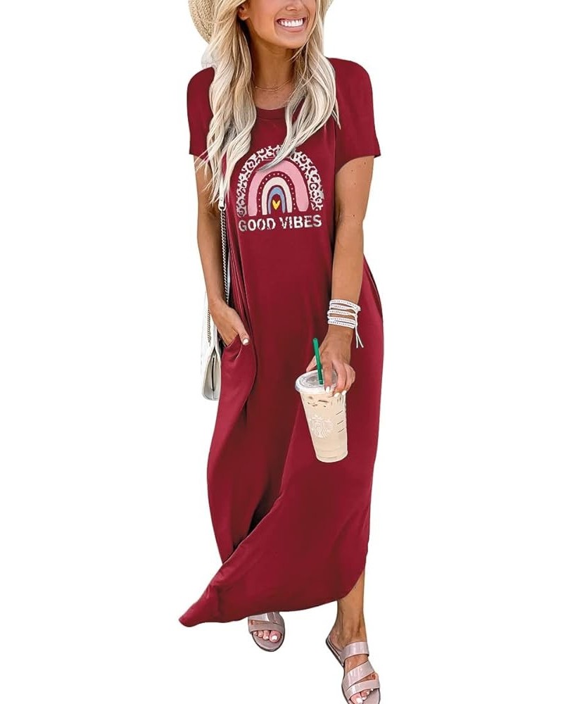 Women's Casual Loose Short Sleeve Long Dress Split Maxi Summer Beach Dress with Pockets Rainbow3 Red $16.34 Dresses