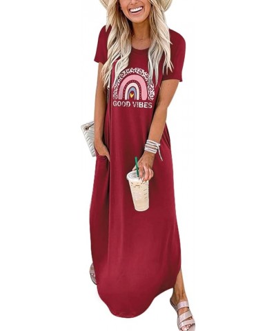 Women's Casual Loose Short Sleeve Long Dress Split Maxi Summer Beach Dress with Pockets Rainbow3 Red $16.34 Dresses