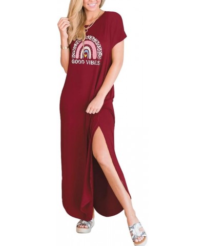 Women's Casual Loose Short Sleeve Long Dress Split Maxi Summer Beach Dress with Pockets Rainbow3 Red $16.34 Dresses