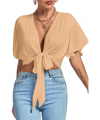 Women's Deep V Neck Tie Front Knot Wrap Ruffle Short Sleeeve Crop Top Blouse Light Khaki $11.60 Blouses