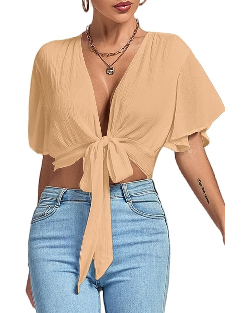 Women's Deep V Neck Tie Front Knot Wrap Ruffle Short Sleeeve Crop Top Blouse Light Khaki $11.60 Blouses