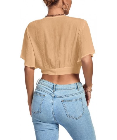 Women's Deep V Neck Tie Front Knot Wrap Ruffle Short Sleeeve Crop Top Blouse Light Khaki $11.60 Blouses