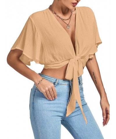 Women's Deep V Neck Tie Front Knot Wrap Ruffle Short Sleeeve Crop Top Blouse Light Khaki $11.60 Blouses