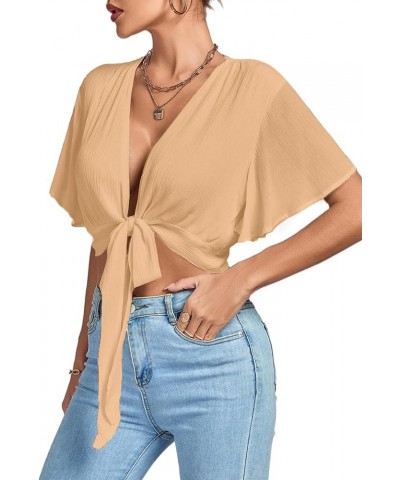 Women's Deep V Neck Tie Front Knot Wrap Ruffle Short Sleeeve Crop Top Blouse Light Khaki $11.60 Blouses