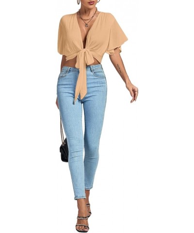 Women's Deep V Neck Tie Front Knot Wrap Ruffle Short Sleeeve Crop Top Blouse Light Khaki $11.60 Blouses