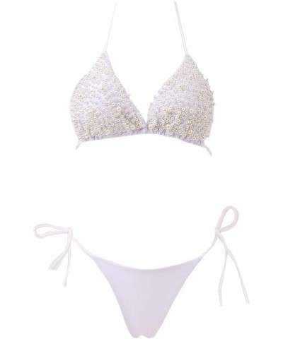 Sexy Handmade Sequins 2PCS Bikini Set Tankini Sexy Bra Swimsuit Lace Top Praty Swimwear Pearl White $17.48 Swimsuits