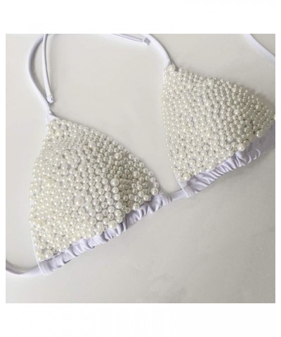 Sexy Handmade Sequins 2PCS Bikini Set Tankini Sexy Bra Swimsuit Lace Top Praty Swimwear Pearl White $17.48 Swimsuits