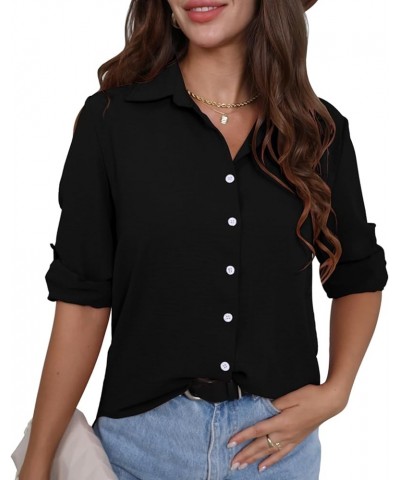 Womens Button Down Shirts Long Sleeve Tops V Neck Work Office Chiffon Blouse Black $12.35 Blouses