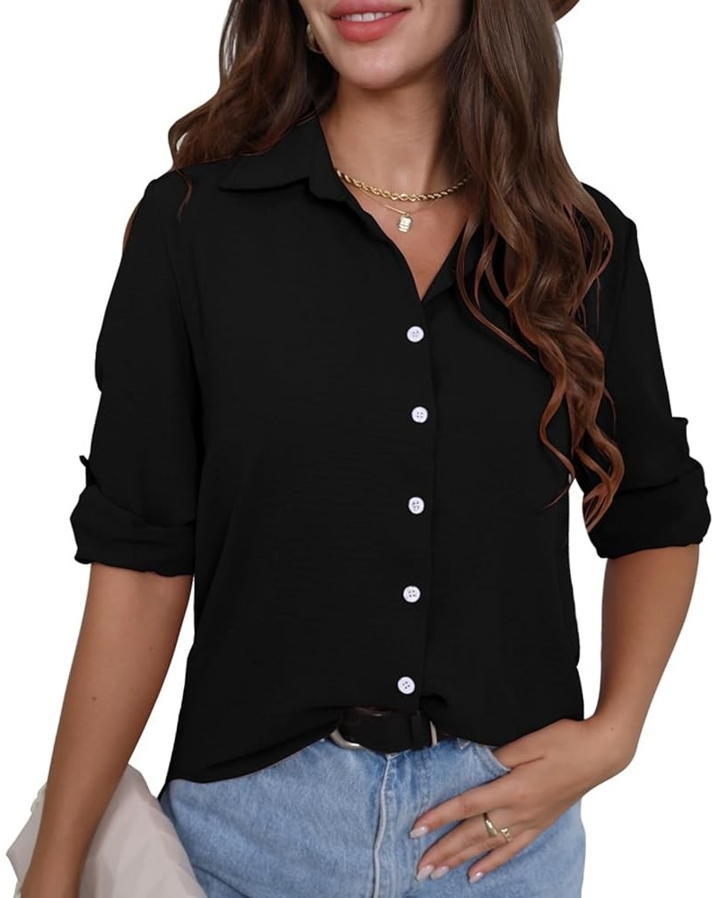 Womens Button Down Shirts Long Sleeve Tops V Neck Work Office Chiffon Blouse Black $12.35 Blouses