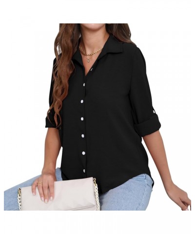 Womens Button Down Shirts Long Sleeve Tops V Neck Work Office Chiffon Blouse Black $12.35 Blouses