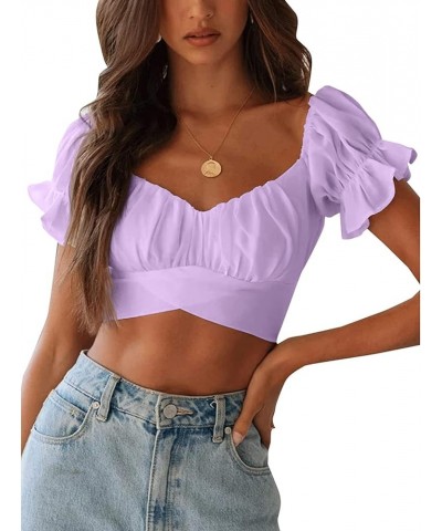 Women's Summer Ruffle Crop Top Short Sleeve Off Shoulder Blouse Tie Up Back Lavender $7.50 Blouses