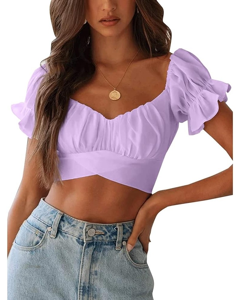 Women's Summer Ruffle Crop Top Short Sleeve Off Shoulder Blouse Tie Up Back Lavender $7.50 Blouses