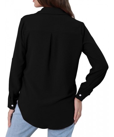 Womens Button Down Shirts Long Sleeve Tops V Neck Work Office Chiffon Blouse Black $12.35 Blouses