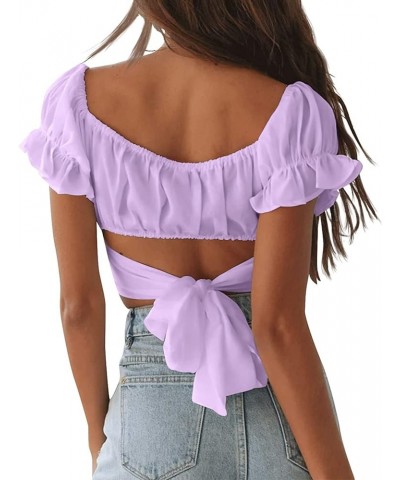 Women's Summer Ruffle Crop Top Short Sleeve Off Shoulder Blouse Tie Up Back Lavender $7.50 Blouses