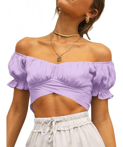 Women's Summer Ruffle Crop Top Short Sleeve Off Shoulder Blouse Tie Up Back Lavender $7.50 Blouses