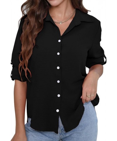 Womens Button Down Shirts Long Sleeve Tops V Neck Work Office Chiffon Blouse Black $12.35 Blouses